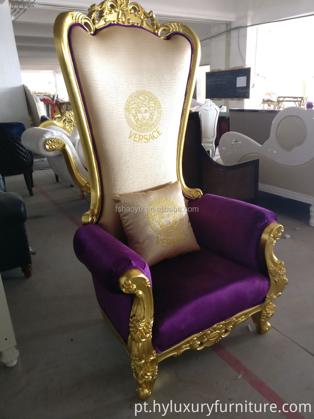 Fornecer cadeira royal king throne, cadeira PU bergere, cadeira de couro roxo para hotel com encosto alto